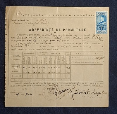 Document Adeverinta de permutare 1937 foto