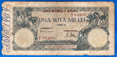 (32) BANCNOTA ROMANIA - 100.000 LEI 1946 (21 OCTOMBRIE 1946), FILIGRAN ORIZONTAL foto
