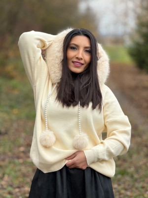Jacheta dama bej cu blana la gluga si snur din perlute detasabil foto