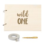 Guestbook din lemn botez sau mot Wild ONE, format A4 landscape, pix si dublu adeziv inclus, accesoriu nunta