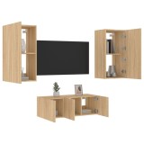 vidaXL Unități de perete TV cu LED-uri, 4 piese, stejar sonoma, lemn