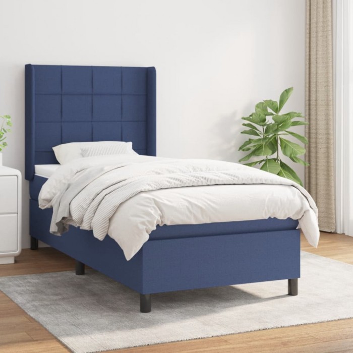 Pat box spring cu saltea, albastru, 100x200 cm, textil