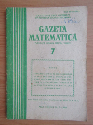 Revista Gazeta Matematica. Anul LXXXVIII, nr. 7 / 1983 foto