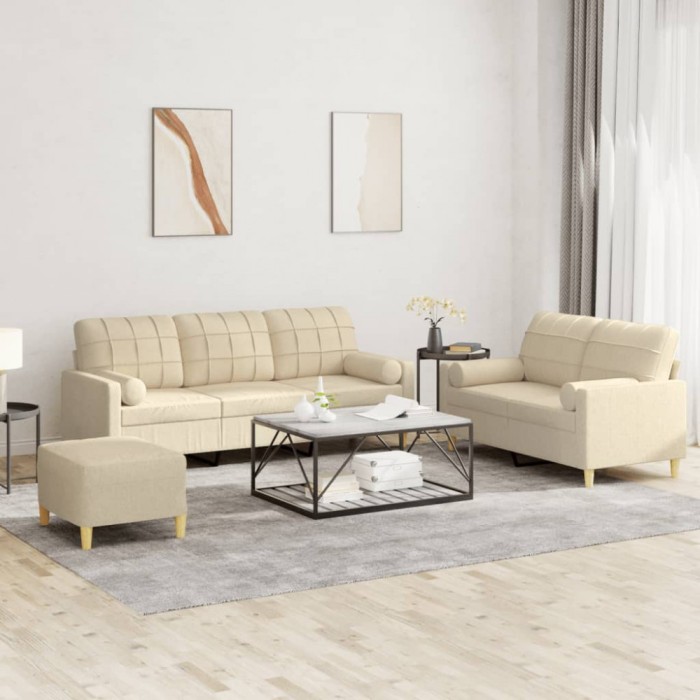 vidaXL Set de canapele cu perne, 3 piese, crem, textil 3201332
