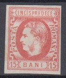 ROMANIA 1869 LP 27 REGELE CAROL I CU FAVORITI 15 BANI ROSU GUMA ORIGINALA T1 SARNIERA