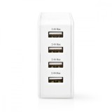Incarcator USB 24W Nedis, 2x2.4A + 2x1A, 4 Porturi USB-A, Alb, Incarcare Rapida, Universal