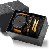 Set Cadou Barbati: Ceas Geneva RC459 Maro, 2 Bratari Piele/Obsidian, Cutie Cadou - Elegant, Quartz, Otel Inoxidabil