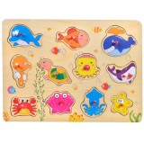 Puzzle Educativ Animale Marine - 11 Piese lemm cu maner, Dimensiune 30x22cm