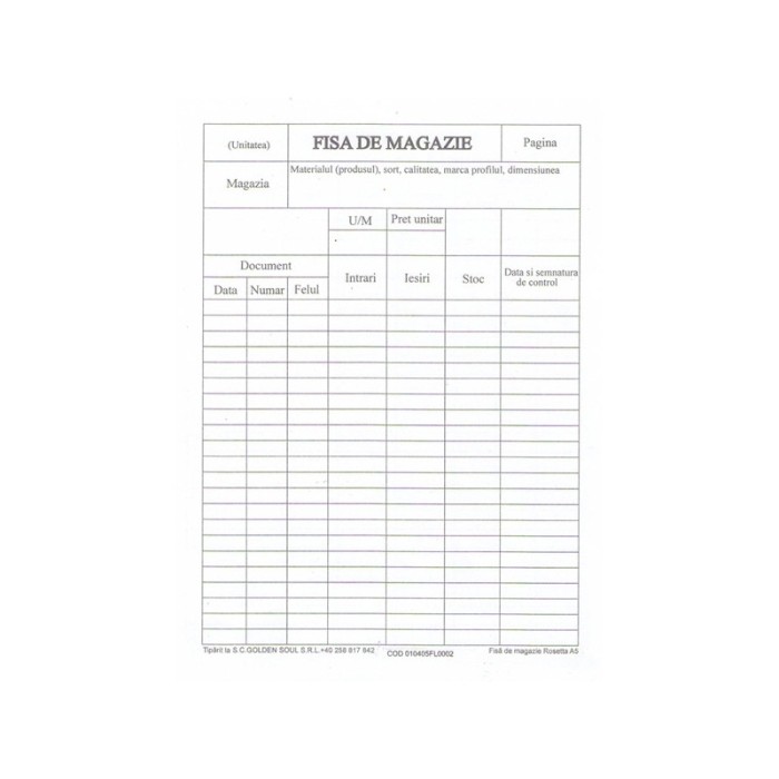Fisa de magazie A5, carton velin, 100/bloc
