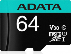 Card de memorie ADATA V30S 64GB Premier Pro MicroSDXC Clasa 10 UHS-I U3 + Adaptor SD foto