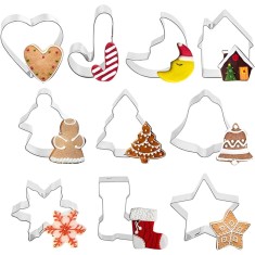 Forme pentru Fursecuri Craciun Koken, Otel inoxidabil, Set 10 forme de taiat prajituri, Model Craciun, Argintiu