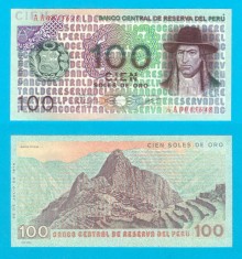 Peru (p#114) 100 Soles Oro 1976 UNC &#039;Machu Pichu&#039; serie: AA00456xx