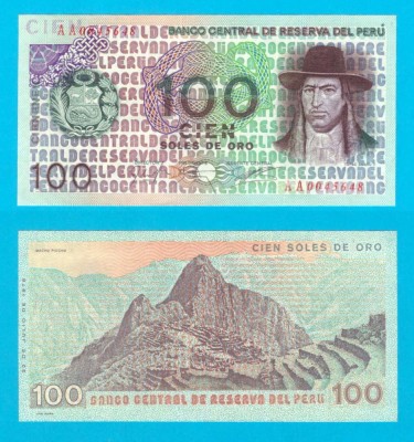 Peru (p#114) 100 Soles Oro 1976 UNC &amp;#039;Machu Pichu&amp;#039; serie: AA00456xx foto