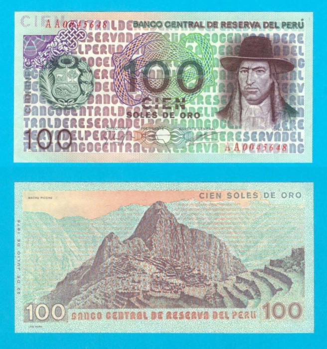 Peru (p#114) 100 Soles Oro 1976 UNC &#039;Machu Pichu&#039; serie: AA00456xx