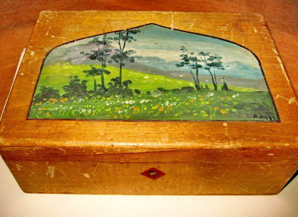 3986-Caseta din lemn pictata veche anii 1900.