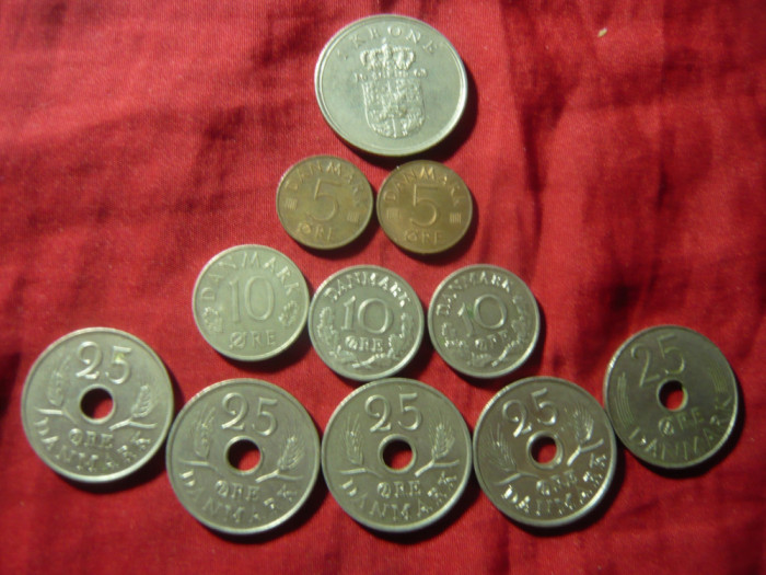 11 Monede Danemarca 1966-1976 , Cu si Ni , cal. F.Buna