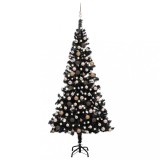 Brad Crăciun pre-iluminat cu set globuri, negru, 210 cm, PVC