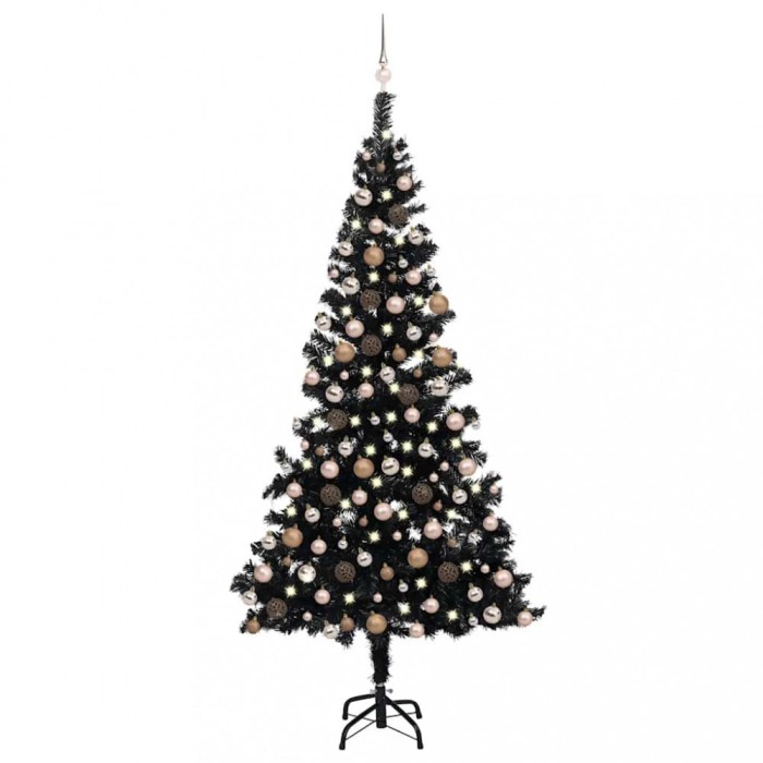 Brad Crăciun pre-iluminat cu set globuri, negru, 210 cm, PVC