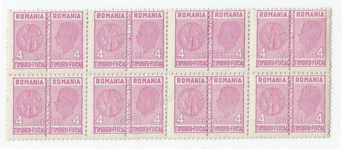 *Romania, lot 414 fiscale, Timbru fiscal de consumatie, bloc de 8, 1942, MNH