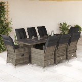 Set bistro de grădină cu perne, 9 piese, gri, poliratan