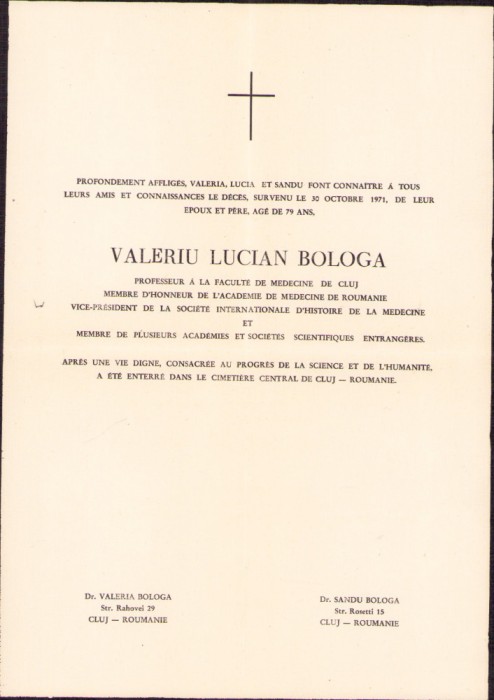 HST A1742 Ferpar prof dr Valeriu Lucian Bologa 1971 Cluj