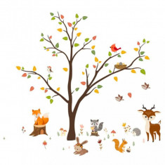 Sticker Decorativ Autocolant, Pasari si animale in padure, pentru camera copiilor 128 x 180 cm, multicolor