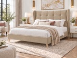 Pat Almera 160x200 cm Tapitat Catifea Bej Somiera Inclusa (cod ML 2227-01)