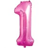 Balon din folie metalizata flippy, figurina cifra, tema aniversare 80 cm, ambalaj individual, pai inclus, umflare cu aer sau heliu, roz, cifra 1