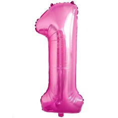 Balon din folie metalizata flippy, figurina cifra, tema aniversare 80 cm, ambalaj individual, pai inclus, umflare cu aer sau heliu, roz, cifra 1
