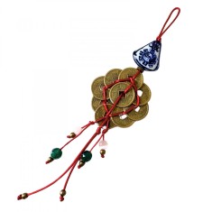 Talisman amuleta Feng Shui pentru casa cu 9 monede chinezesti, selenit si jad verde - noroc, abundenta si curatare energetica