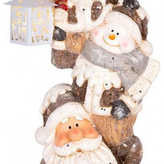 Decorațiune MagicHome Crăciun, Moș Crăciun, ren și om de zăpadă cu lanternă, 1 LED, 2xAAA, ceramică, 29x24x66 cm