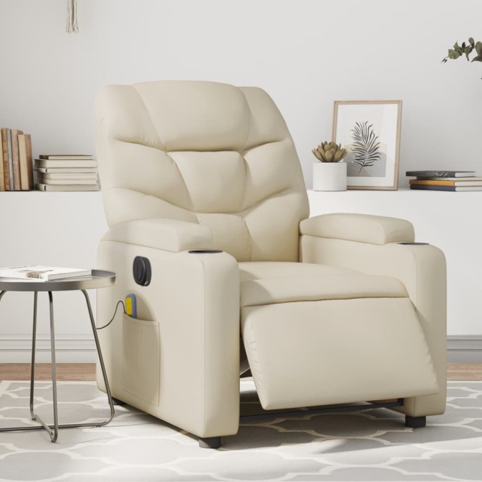 vidaXL Fotoliu electric de masaj rabatabil, crem, piele ecologică