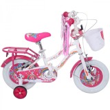 Bicicleta pentru copii 2-4 ani Belderia Dora, roti 12 inch, cu roti ajutatoare si frane V-Brake, alb, cu cosulet si portbagaj