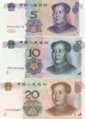 China Set 3 Buc. 5,10,20 Yuan 2005 UNC foto