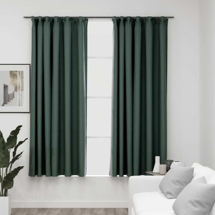 Draperii opace aspect in, cu c&acirc;rlige, 2 buc., verde, 140x175 cm