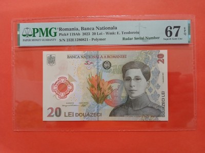 Bancnota 20 lei 2023 RADAR gradata PMG 67 GEM UNC EPQ foto