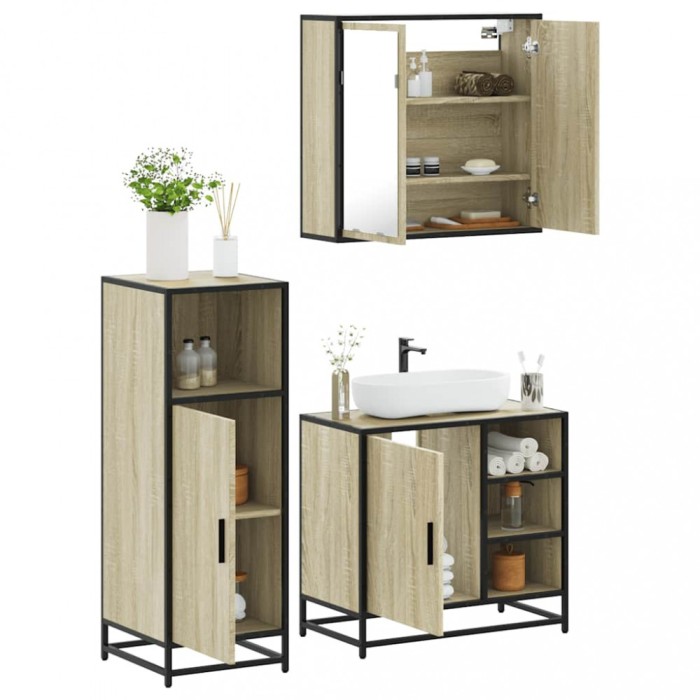 Gossi set mobilier de baie, 3 piese, stejar sonoma, lemn prelucrat