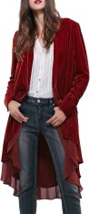 ivimos Jachete de dama, asimetrice, lungi, din catifea, cu volane, jachete casual, ro?u vin, XL foto