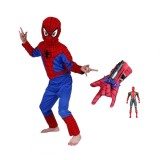 Cumpara ieftin Costum Spiderman Copii 7-9 Ani, Set Bluza, Pantaloni, Masca, Manusa cu Lansator +3 Ventuze + Figurina, Rosu, Poliester