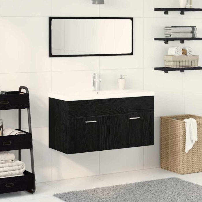 vidaXL Set de mobilier pentru baie Pe perete cu ușă 3 pcs Stejar Negru
