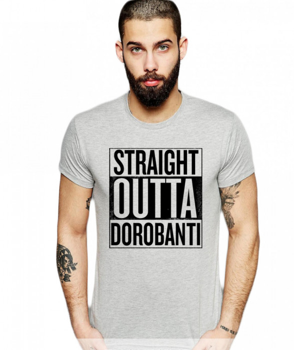 Tricou barbati gri cu text negru - Straight Outta Dorobanti - XL