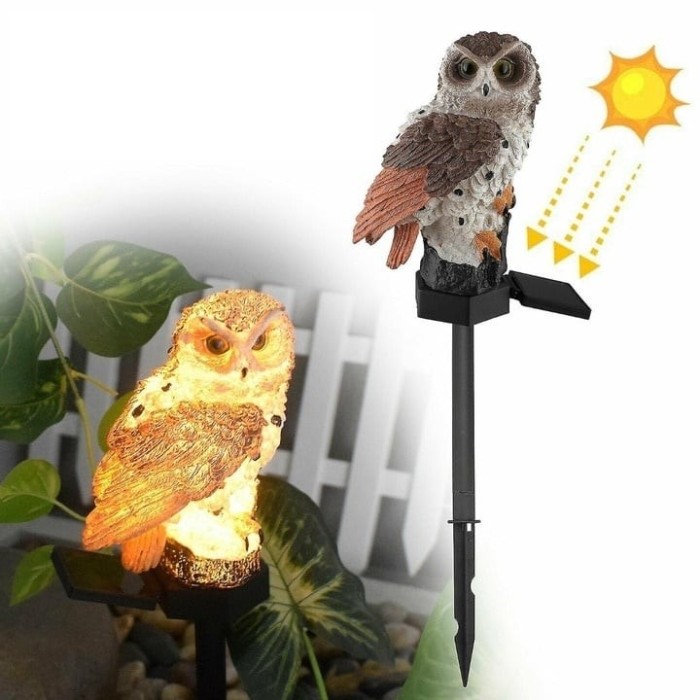 Lampa solara tip bufnita, cu iluminare LED, din ABS, cu senzor de lumina, fixare tip tarus, dimensiuni 9 x 7 x 45 cm, maro/negru