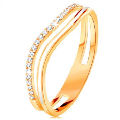 Inel realizat din aur galben de 14K, brațe curbate cu decupaj la mijloc, email și zirconii - Marime inel: 52