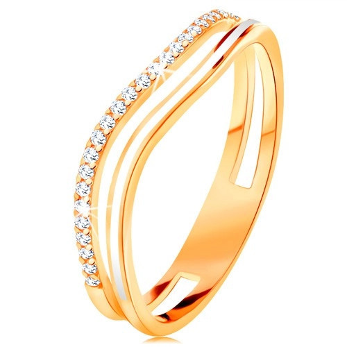 Inel realizat din aur galben de 14K, brațe curbate cu decupaj la mijloc, email și zirconii - Marime inel: 53