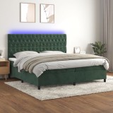 VidaXL Pat cu arcuri, saltea și LED, verde &icirc;nchis, 200x200 cm, catifea