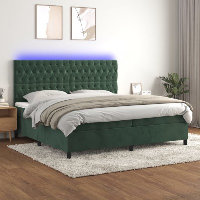 vidaXL Pat cu arcuri, saltea și LED, verde &amp;icirc;nchis, 200x200 cm, catifea 3136326 foto