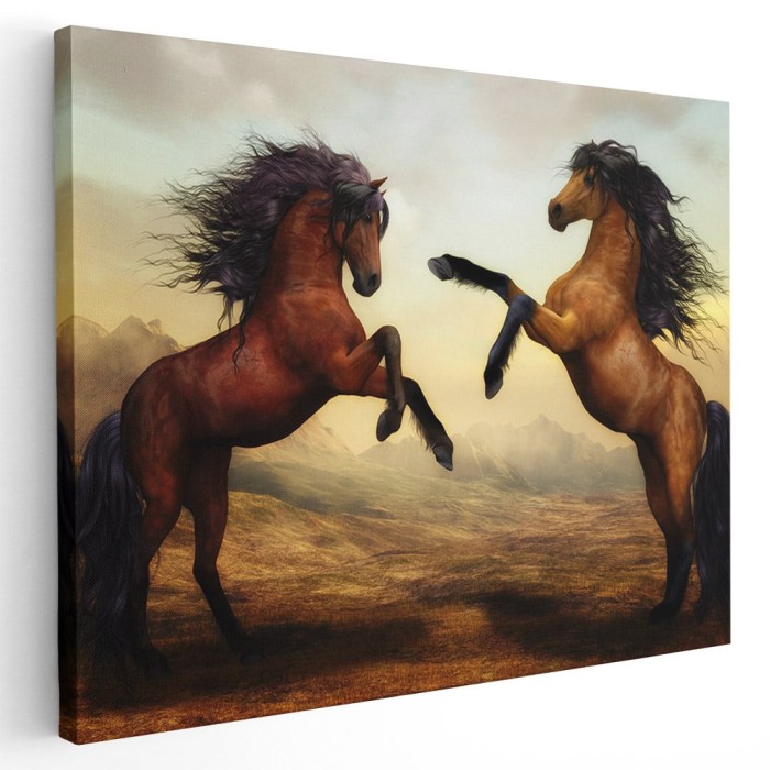 Tablou doi cai jucandu-se maro 2101 Tablou canvas pe panza CU RAMA 60x80 cm