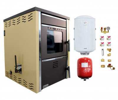 Pachet Termosemineu pe lemne FORNELLO TOROS 29 kw Ivory pe combustibil solid lemn,carbune,bricheti , boiler termoelectric 100l, vas expansiune si kit foto