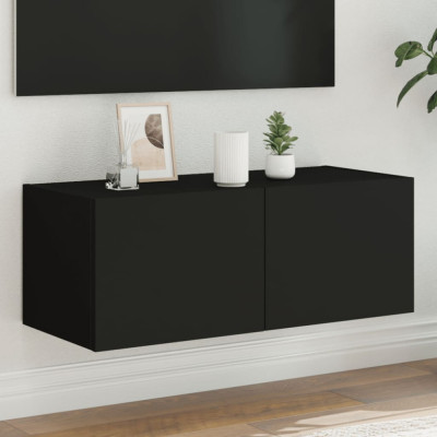 vidaXL Comodă TV de perete cu lumini LED, negru, 80x35x31 cm foto