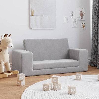 vidaXL Canapea extensibilă de copii 2 locuri, gri deschis, pluș moale 357029 foto